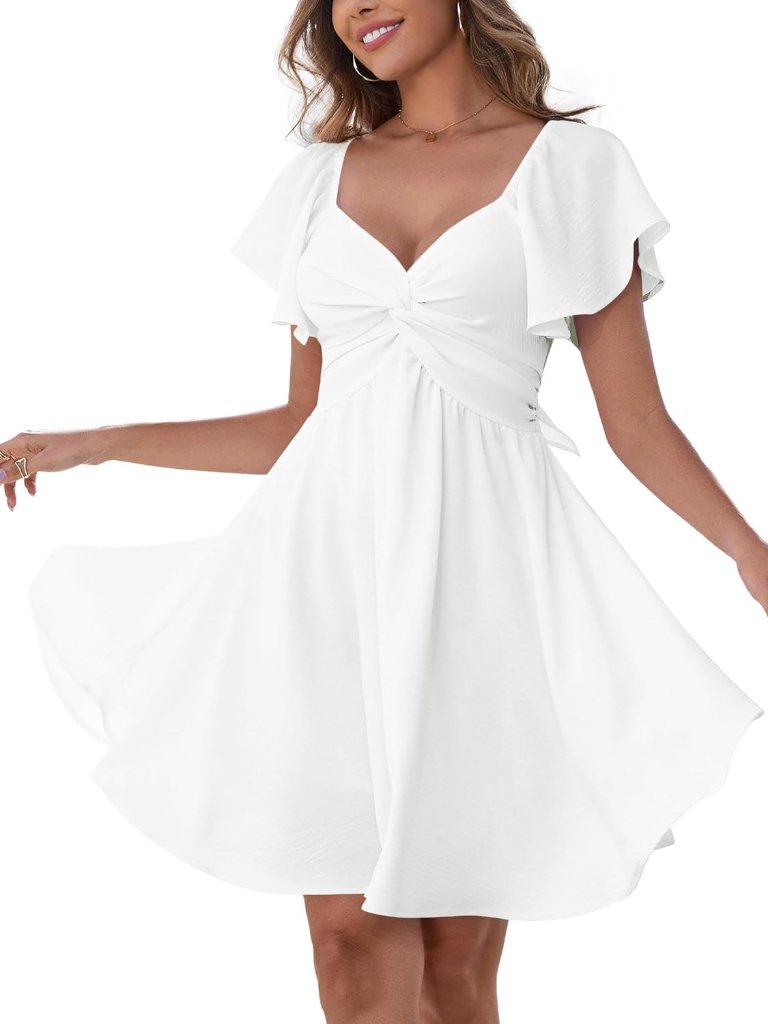 Women's Sweetheart Knot Front Dress Flutter Sleeve Tie Back A-Line Chiffon Mini